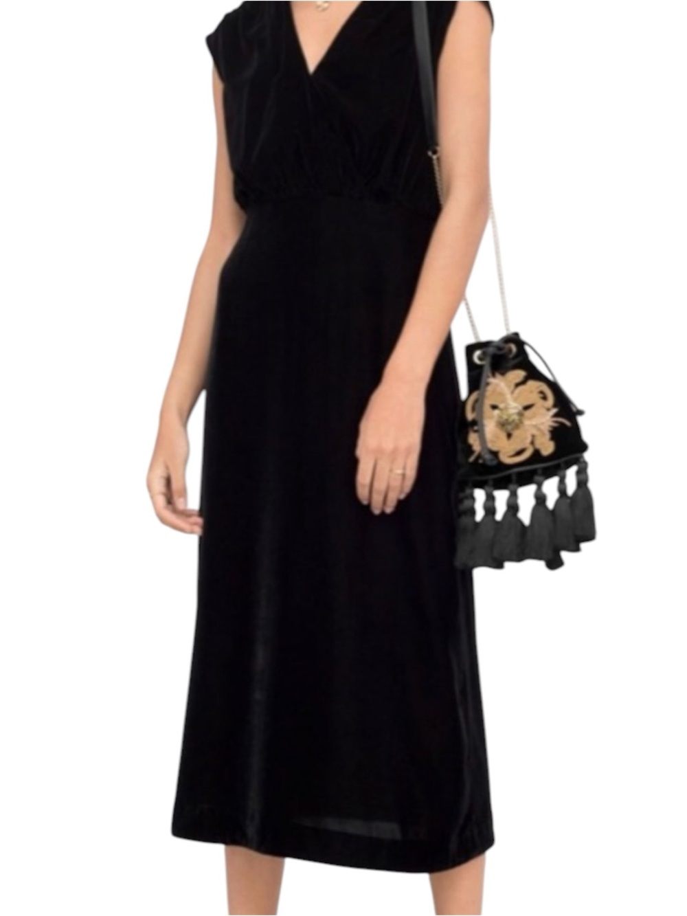 & Other Stories Velvet Midi Dress Size 4 Surplice Neckline Black Witchy